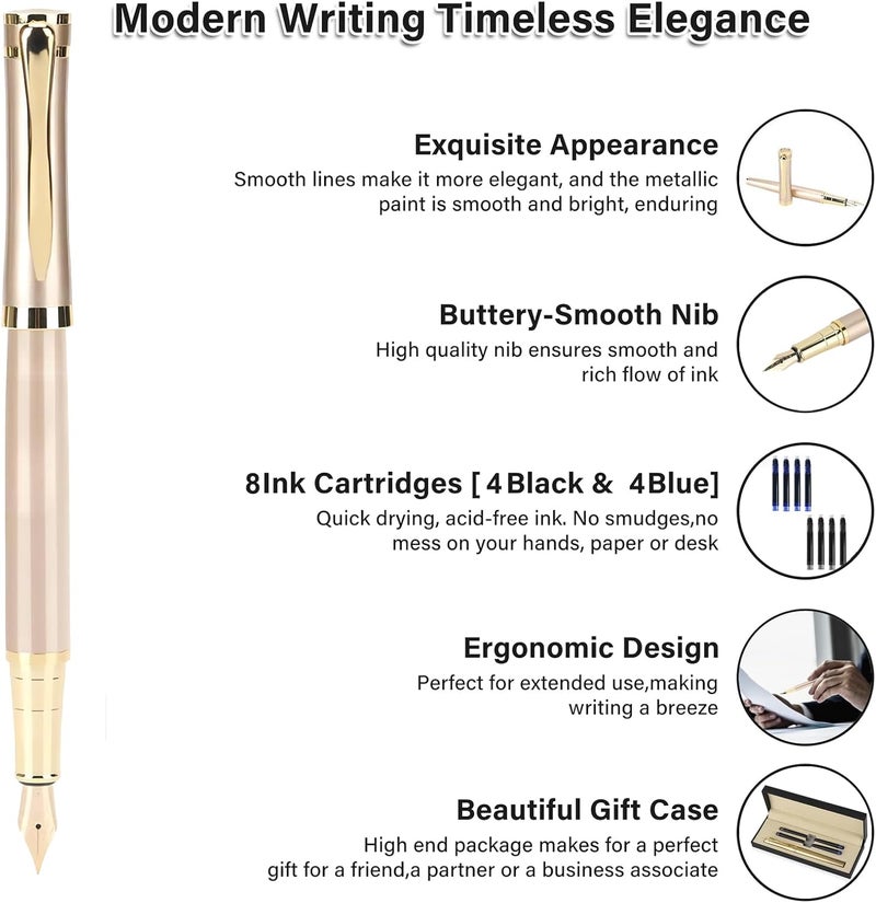 lucilynx Fountain Pen, Medium Nib, Includes 8 Ink Cartridges [Black & Blue] & Ink Converter, Calligraphy Pen, Consistent Writing, Nice Pens - Gold - Image 3